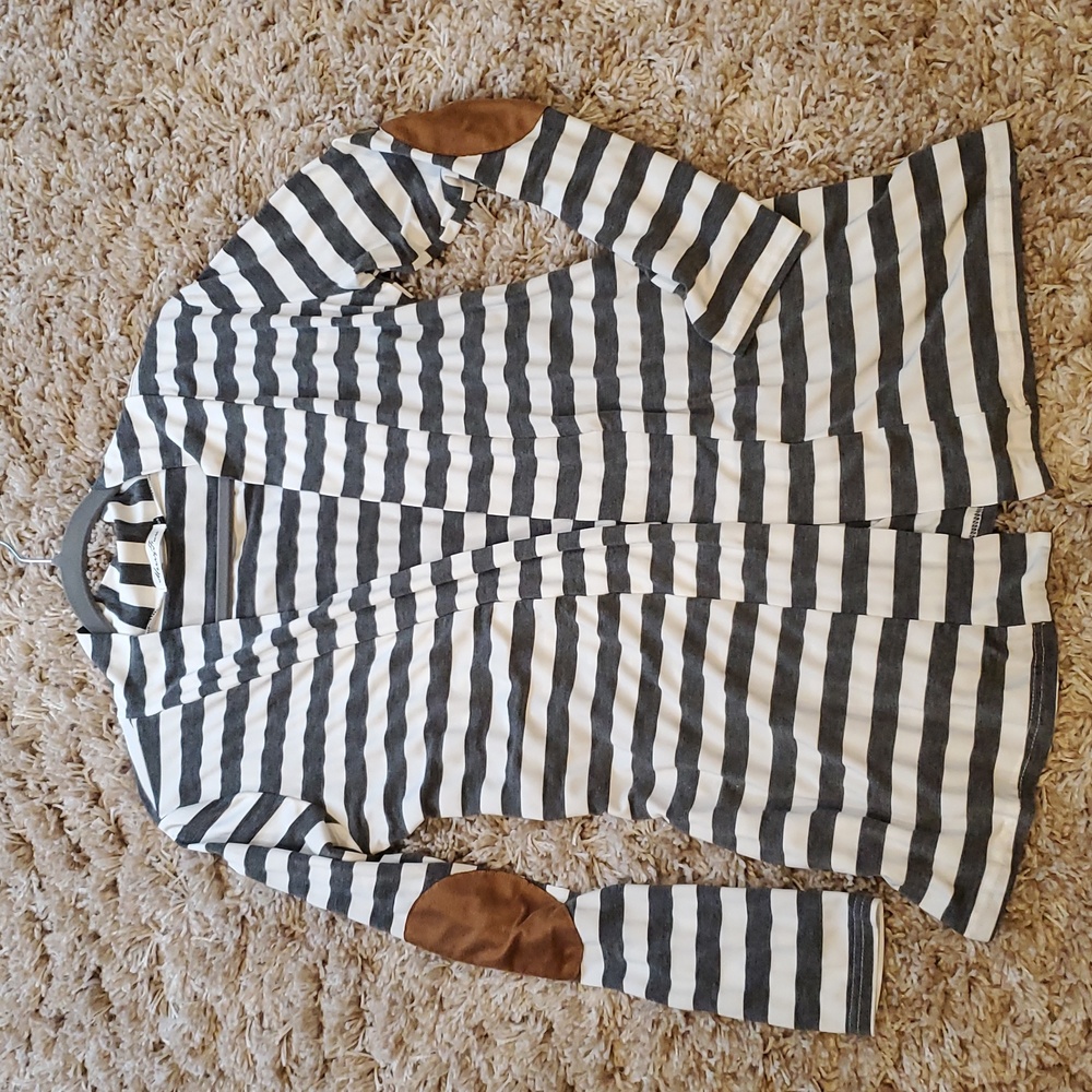 Striped Open Cardigan with Elbow Patches